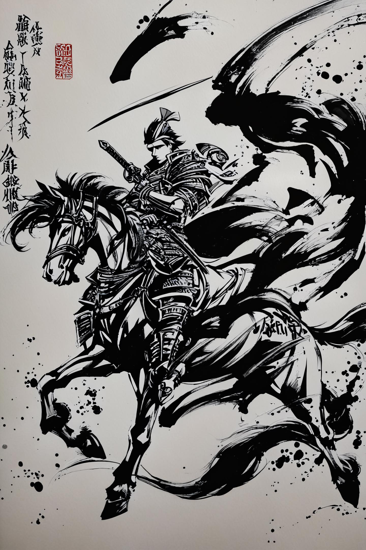 score_9,score_8_up,score_7_up,masterpiece,best quality,
ink \(medium\),monochrome,weapon,japanese armor,greyscale,sword,1boy,male focus,riding,chinese text,armor,holding,horse,traditional media,horseback riding,holding weapon,
<lora:okazu_XL_PONY:1>,