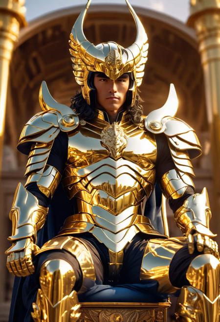 full body shot with hyperdimensional totem implants. badass Saint Seiya Capricorn knight sitting on his throne, wearing a slim thin beautiful intricately detailed organic gold armor with ornates, grec temple background. Character created by artstation, Golden hour, bokeh, digital art by tooth wu and wlop and android jones and beetle and greg rutkowski