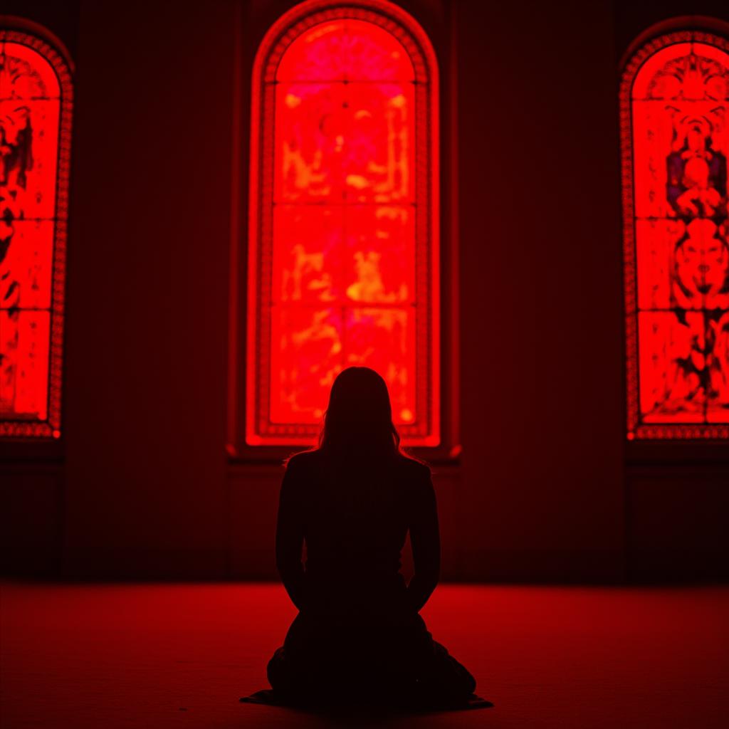 a high-quality image of [Elizabeth Olsen] kneeling in prayer inside a temple, surrounded by [large stained glass windows] emitting red illumination. Emphasizing [reality] in the scene, capture the solemn moment with Elizabeth Olsen expressing deep contemplation and faith. The intricate details of the stained glass reflecting the vibrant red light, creating a mystical atmosphere around her. The focus is on the actress's emotional expression, the play of light and shadow, and the grandeur of the temple interior. Ensure a realistic representation with high attention to detail, realistic lighting, and a serene ambiance. This image aims to evoke a sense of spirituality, reverence, and inner peace through the visual storytelling of a sacred moment.

style of E_Rogers


