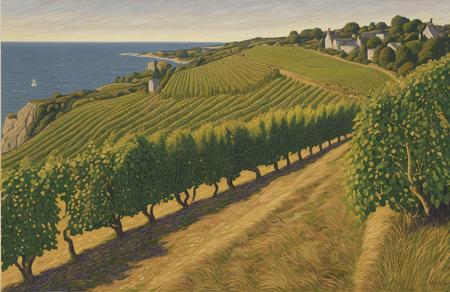 style of Henry Moret, vineyard ,clump ,hedgerow,field , Cliff/Bluff ,