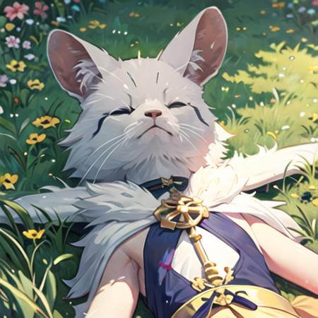 mitsuh1de [<lora:mitsu8:1> #decrease] napping in a grass field, sunny day, aerial view, grass, happy, lighthearted, trees , Realistic painting style, masterpiece, best quality, absurdres, pixiv, (best quality, masterpiece:1.2), ultra detailed,