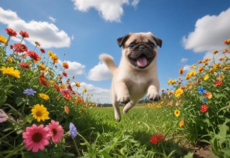 Highly detailed photograph of a pug puppy leaping through the air above a field of colorful flowers. Floppy ears, big eyes, very cute, very happy, joyful. Blue sky with fluffy clouds. Bright sun, god rays.
