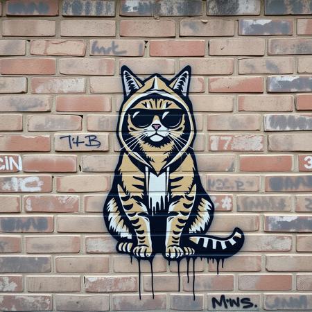brick wall, graffiti art of 1 housecat, cat is wearing hoodie, cat is sitting on all 4 legs, cat is wearing dark sunglasses, intimidating presence, graffiti writing