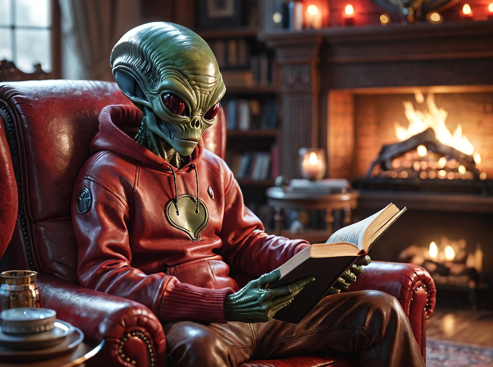 Alien reading a book while sitting next to a fireplace in leather chair,red sweatshirt,detailed face,detailed background,c...