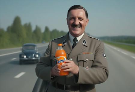 Smiling Adolf Hitler holding a fanta bottle,  on a german highway with a WV  beetle, <lora:Adolf-Diffusion2:0.7> adolfhitler  <lora:CokeGirls:1> advertisement, Fanta, High quality, realistic, UHD, 8K