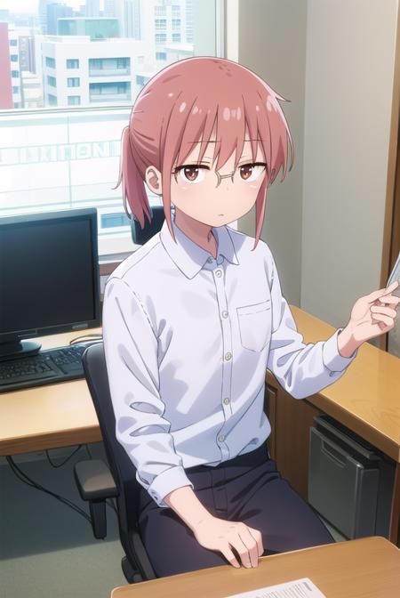 dragonkobayashi, <lora:dragon kobayashi s2-lora-nochekaiser:1>,
kobayashi, ponytail, pink hair, glasses, short hair, (brown eyes:1.5),
BREAK shirt, long sleeves, white shirt, collared shirt, pants, black pants, office lady,
BREAK indoors, office, computer, monitor, keyboard \(computer\), office chair, mouse \(computer\), desk,
BREAK looking at viewer, 
BREAK <lyco:GoodHands-beta2:1>, (masterpiece:1.2), best quality, high resolution, unity 8k wallpaper, (illustration:0.8), (beautiful detailed eyes:1.6), extremely detailed face, perfect lighting, extremely detailed CG, (perfect hands, perfect anatomy),