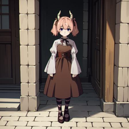 Linie,1girl,horns,pink hair,short twintails,purple eyes, brown dress,long_sleeves, frilled dress, bloomers, expressionless, source_anime,score_9, score_8_up,