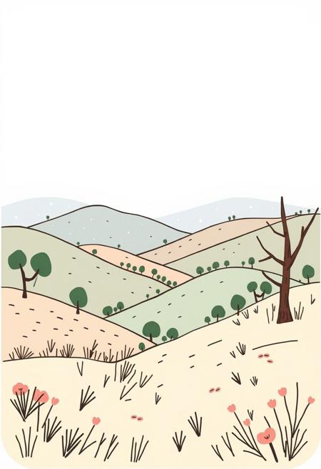 The sight of the hills is a beauty
,
cute doodle style, pastel color palette, minimalistic design, soft lines, hand-drawn charm, playful composition, light and airy tones, whimsical aesthetic, gentle shading, cartoon-like simplicity, cozy and endearing illustration, childlike innocence