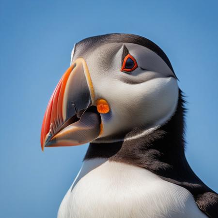 close-up Atlantic puffin with fish in the beak, blue sky background, photography very realist