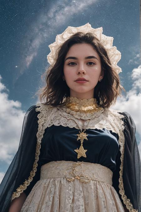 analog photo, close portrait of a 19 years old (witch, iridescent silk lace frilly shiny silver and gold witch attire:1.4), (mean, sassy face:1.5), from below, colorful stars, ceremonial blade, close, small, (face focus from below:1.5), (milky way, starlit, incredible dreamscape (impossible:1.2) landscape vista background), epiCPhoto