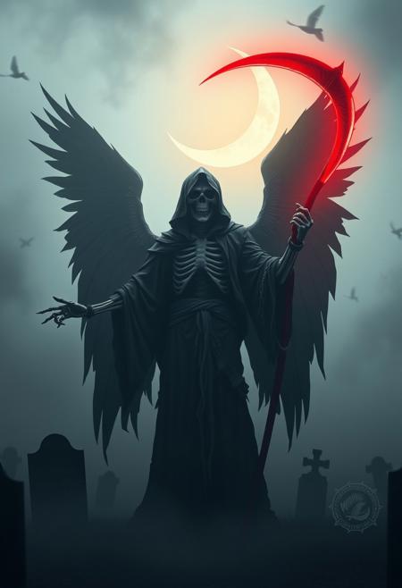 A powerful and eerie depiction of the Grim Reaper stands in the center of a fog-shrouded graveyard, silhouetted by a glowing crescent moon. The skeletal figure is cloaked in a tattered black robe and towers ominously with outstretched, bony fingers. Massive, dark wings spread behind it like those of a fallen angel, giving the figure an even more menacing and supernatural presence. The scythe in its right hand glows with a fiery red edge, adding a sharp contrast to the muted, misty atmosphere. Gravestones fade into the background fog, reinforcing the theme of death and the afterlife in this haunting and cinematic composition.