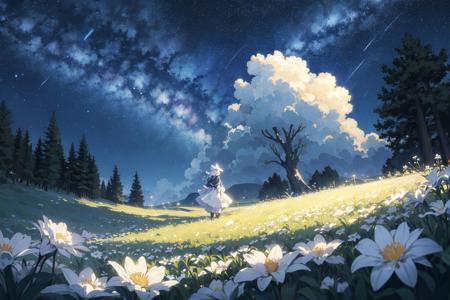 flower, white flower, star (sky), 1girl, grass, leaf, sky, plant, starry sky, solo, outdoors<lora:huafeng:0.8>