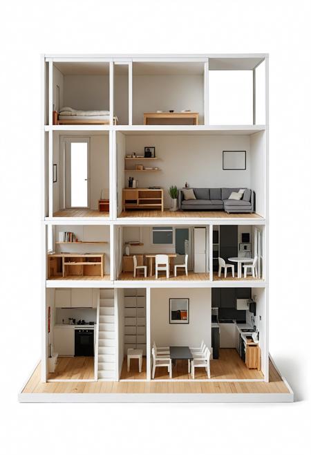 Front view miniature house interior 3d illustration, flat, in the style of [Jean Nouvel], packed with hidden details, contemporary, highly detailed illustrations, meticulously detailed, isolate on white