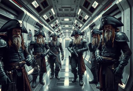 Mature and battle weary space pirates in a futuristic corridor , full body photo. Perfect Composition, realistic photographic image, RAW photo highest quality, Luis Royo style composition, perfect directional lighting, high contrast