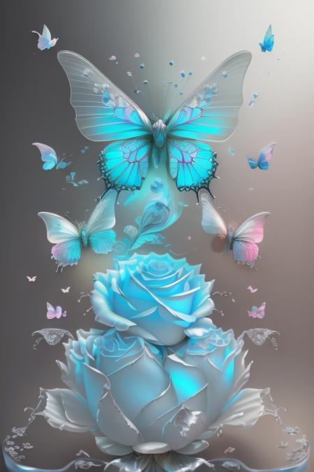 a beautiful 3d spectral crystal flower, soft fairy mist white chinese rose, transparent petals, seven clear colored butterflies flying around the rose, <lora:FairyTaleV1a_SD1.5:1>