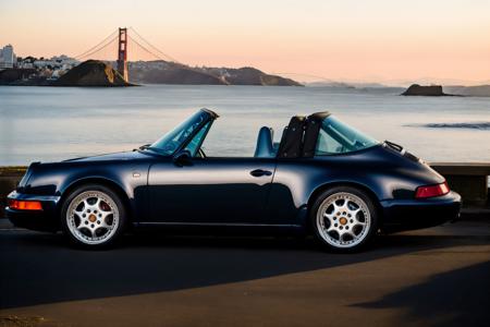 a black porsche964 cabriolet car side view parked on pier in San Francisco, at sunset, warm light, global illumination, volumetric lighting, highly detailed, insanely detailed, absurdres, best quality <lora:Porsche 964 Cabriolet-000004:1>