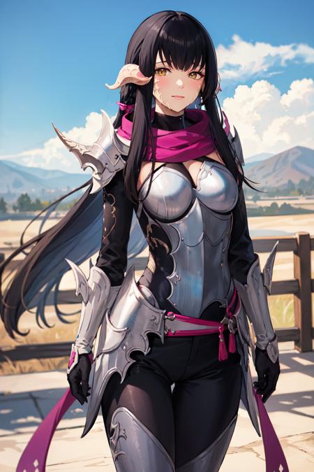 masterpiece, best quality, highres, aayugiri, long hair, black hair, blunt bangs, horns, scales, purple scarf, shoulder armor, japanese armor, gloves, pants, <lora:yugiri_mistwalker_v1:0.7>, standing, cowboy shot, outdoors