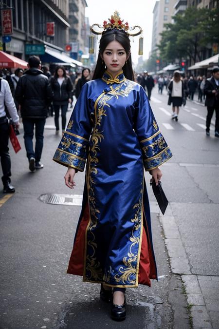 best quality, masterpiece, (photorealistic:1.4), 1girl,full body,the chinese manchu qizhuang,the chinese manchu headdress,<lora:qizhuang:0.5>,