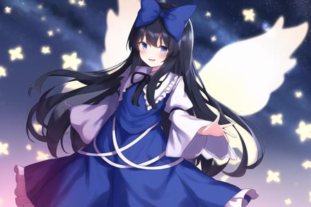 masterpiece, best quality,star sapphire, touhou,long hair,black hair,hime cut,blue hair bow,blue dress with star,standing,starry sky,wings, <lora:star-000015:0.75>