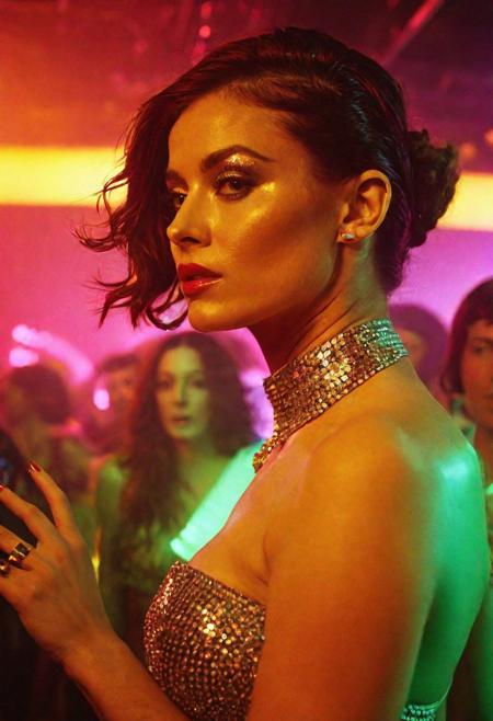 A stunning close-up cinematic still, aboard the orbital discotech STUDIO 69, an extremely crowded, smokey nightclub, sweat soaked bodies, packed dance floor, horny brunette disco divas wearing outrageous futuristic fashion designed by Zuzu Angel, cinematic still, hasselblad x2d, 1970s science fiction sexploitation b-movie,Tropicalia, incredible futuristic cinematic lighting, in the style of studio 54 candid photograph