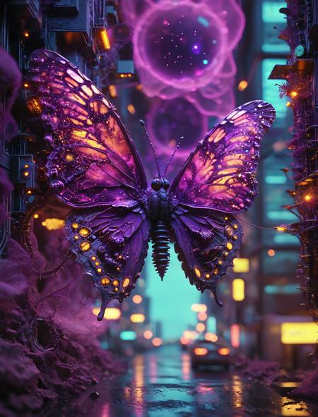 Larvascope, Giant Butterfly Larva Strolling Through a Microscopic City: A colossal velvet-textured butterfly larva gracefully meanders through a miniature city. The urban landscape is crafted from intricate electronic components and gears, glimmering with neon lights. Each step of the larva triggers minuscule earthquakes, reverberating through capacitor skyscrapers. The background features a nebula composed of DNA helices, hinting at the origins of life. The entire scene is shrouded in a psychedelic purple haze, creating a dreamlike and absurd atmosphere. 2010s vintage RAW photo effect, highly detailed, shallow depth of field, cinematic lens, imperfections in natural lighting, color graded.