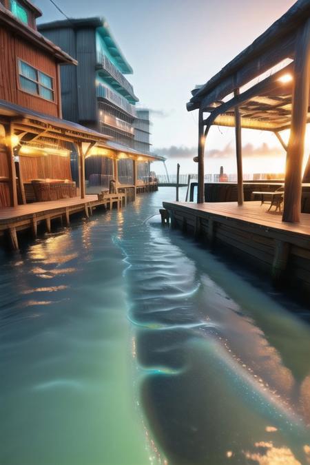 slime-morph, sl1m3d, made of slime, oceans, dock, bright lights, ultra realistic
