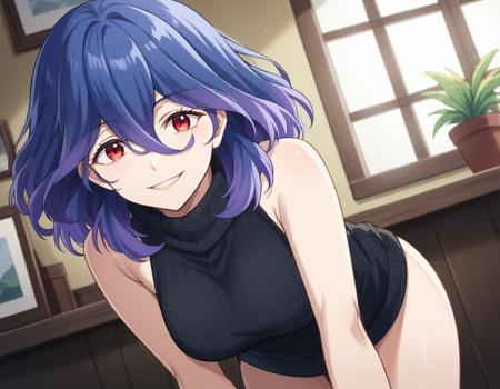 vermeil, red eyes, hair between eyes, blue hair, purple hair, multicolored hair, medium hair, sweater, bare shoulders, sleeveless, turtleneck, black sweater,