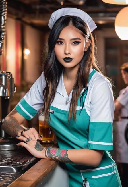 (RAW photo, subject, 8k uhd, dslr, soft lighting, high quality, film grain, Fujifilm XT3, masterpiece, best quality, extremely detailed photograph, volumatic light, ray tracing,, extremely detailed 8k wallpaper),   abstract fashion portrait of (four:2.0 sexy nurses :2.0), (a cute 19yo asian girl and a cute 24yo german woman and a beautiful 23yo african girl, very (light:2.0) white or brown or black skin, dressed as sexy nurses, dressed in latex, clear blue or green or black eyes, short or long light blond or long brunette or very  long black  straigt or wavey or curly hair with undercut hairstyle, chin bangs, dread hairstyle, braid hairstyle, (colorful streaks:1.8), very (big:1.8) or very (big:2.0) , perky tits, perfect hourglass figure, delicate face and eyes, (glasses:0.8), (glossy:1.6) (pink or red or dark red or orange or blue or black or green or rainbow lips), makeup, painted nails, navel piercing, nose piercing, (tattoos:2.0), sexy pose), at counter in beergarden, hold tray with some glasses of beer, in hand look at viewer, kiss