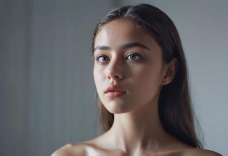 Ultra detailed film photograph with tiny depth of field, shot in an empty studio space with complex lighting. The bare bust of a beautiful woman, her hair and face and slender neck and delicate collarbone and small firm breasts. She looks stoic and severe, soft eyes that are perfectly in focus. From her lips flows richly colored Monochromatic paint, it trickles thickly from her lips down her chin, dripping on her tiny breasts, trickling down her neck.