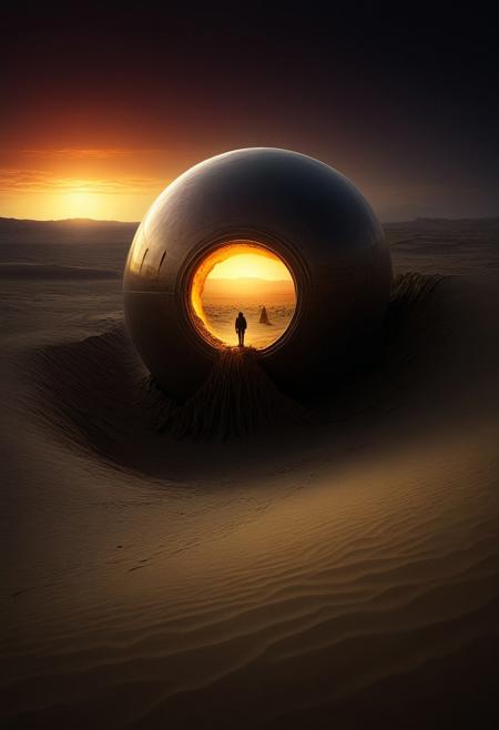 Epic scene, Giant buried in the desert, people watching, shocking, ultra-realistic, art leans heavily towards surrealism, with its dreamlike quality and the blending of reality with the fantastical. The melting face and glowing orb invoke a sense of the uncanny, common in surrealist works, by Beeple and Wojtek Fus and Aeforia, movie poster, extremely detailed, hyper resolution, cinematic lighting