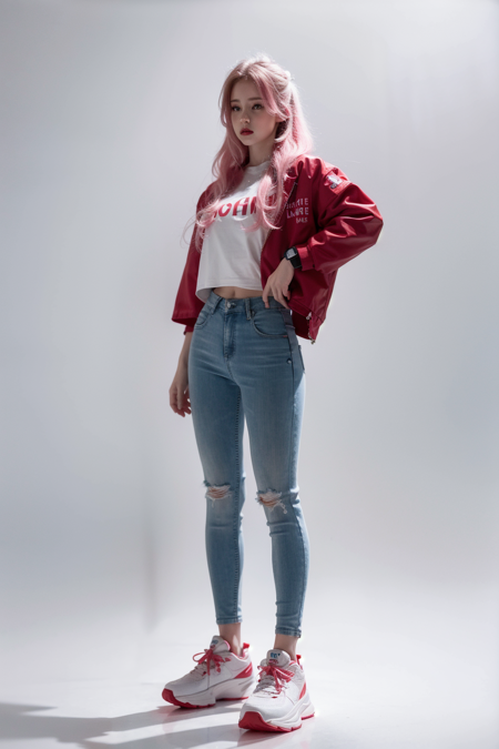 masterpiece, best quality, ((pure white background)), standing, pink hair, long wave hair, 1 girl, cold face, full body, red jacket, blue T-shirt, gradient pants, (Fashionable clothing), happy, (light effect, soft, super clear, high-definition picture, (front),   <lora:Mira-01:0.8>