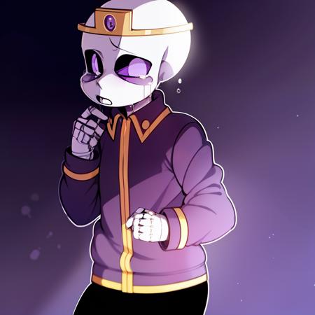 nightmare!sans, skeleton, dark purple jacket, black pants, dark purple boots, lavender pupils, crying, golden moon crown, golden belt has NM sign, standing still, solo, eye holes, dark eyes, cartoon, cartoon eyes, simple background, crawl into ball, sad, tears,