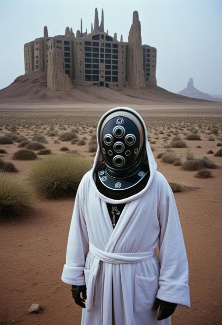 Colour film 35mm 1976, rule of thirds, right, down, monster:0.5 (close-up, portrait of bizarre robotic organism in robe, dark dystopian desert landscape), a giant futuristic building in rock city in the background, liminal space, fog