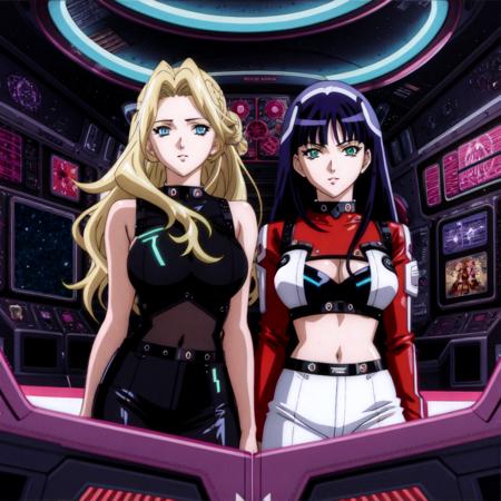 (3girls:1.2), multiple girls, female focus, blonde hair, green eyes, black hair, blue eyes, purple hair, red eyes, Vintage 90's anime style. cluttered starship interior; crew inside a starship; by Hajime Sorayama, Greg Tocchini, Virgil Finlay, sci-fi, colors, neon lights. line art