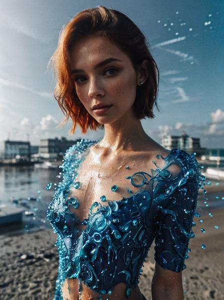 professional photo, 1girl, short ginger hair, underwear made of blue water, water drops, complex beach background, 8k uhd, dslr, high quality, (intricate details:0.9), (hdr, hyperdetailed:1.2)
<lora:WaterFashion:0.7>
<lora:pytorch_lora_weights:0.8>