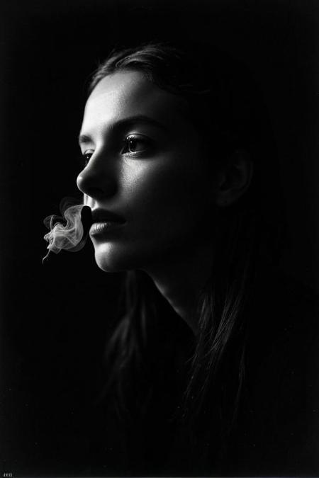realistic photo of a woman  distribution, rembrandt, chiaroscuro, with, triangular, highlight, dramatic, one-light, technique, classic, portrait, high-key, medium, shoot, profile, looking, viewer, rim, hair, light dark, dim , lowkey, low key,  film grain  dark, night, black room , dark room , expired film dark image, shadow, shadows low contrast,  dark  shadow, (background HyperSmoke), dark smoke background, black smoke background, dark smoke theme,  Hyper shadow smoke, hyper smoke smooth fog smoke background fill the room , cinematic smoke