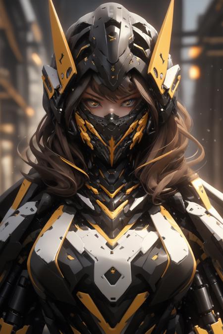 anchemixmecha, mechagirl002, 1girl, solo, brown hair, looking at viewer, breasts, long hair, upper body