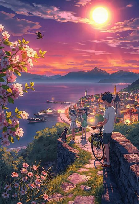 Vertical 9:16 cinematic anime frame, ultra-detailed 4K, vibrant and rich color palette, sharp lighting contrast.
Vordergrund: blühender Kirschbaumzweig links, Schmetterling schwebend darüber; rechter Bildrand mit halb verwelktem Zaun und Grashalmen im Wind, kleiner umgefallener Getränkebecher mit glänzender Oberfläche.
Vor-Mittelgrund: schwarzer Kater sitzt auf einer Steinmauer, Blick nach oben, neben ihm eine halbvolle Glasflasche mit Lichtreflexion; darunter bunte Gänseblümchen am Boden.
Mittelgrund: ein Junge und ein Mädchen stehen auf einem kleinen Hügel mit gepflastertem Weg; sie trägt ein Sommerkleid, er ein Fahrrad schiebend, beide schauen in die Ferne, friedlich, Haare im Wind, klarer Fokus.
Hintergrund: flache Küstenstadt mit erleuchteten Fenstern, Kirchturm und Laternenpfählen; hinter der Stadt das ruhige Meer mit einem entfernten Kreuzfahrtschiff, Lichter reflektieren auf dem Wasser.
Hinter-Hintergrund: gro﷿e Gebirgskette unter einem weiten Sternenhimmel.
Himmel: tiefe Dämmerung in violett-orange, gro﷿e weiche Wolken im oberen Drittel, strahlender Vollmond leicht links oben, halb verdeckt von einer Wolkenschicht, mit subtiler Korona.
Soft bloom, cinematic lighting, parallax-ready composition with strong sense of layered depth, feenstaub gently floating across all depth layers, cel-shaded in Makoto Shinkai style.