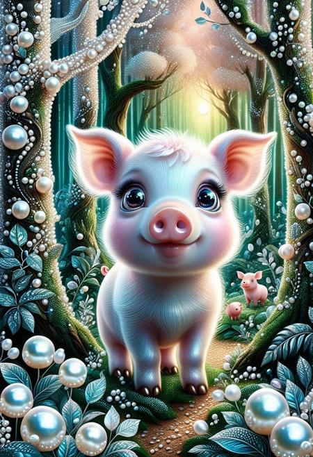 A cute pig, in a Pearlum forest, fantastical, looking around trees, whimsical, cute, big eyes  <lora:Pearlum_World_Morph:1>