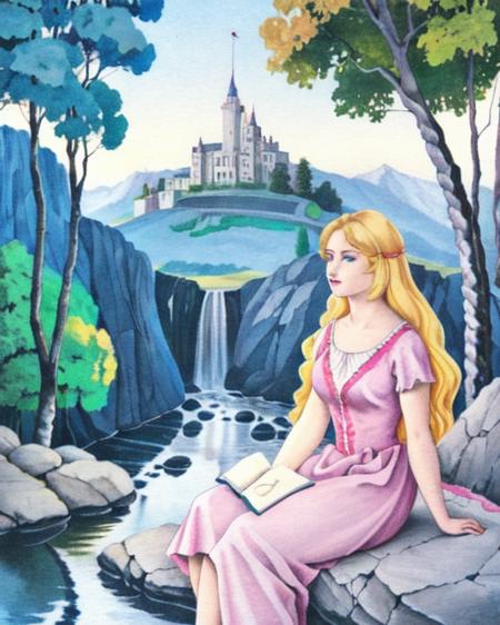 <lora:Umberto_v2:0.7>,a painting of a woman in a pink dress sitting on a rock in a forest with a castle in the background, 1girl, acrylic_paint_\(medium\), artist_name, blonde_hair, building, calligraphy_brush_\(medium\), castle, colored_pencil_\(medium\), dated, dress, forest, graphite_\(medium\), long_hair, marker_\(medium\), mountain, nature, nib_pen_\(medium\), painting_\(medium\), river, rock, signature, solo, texture, traditional_media, tree, water, watercolor_\(medium\), watercolor_pencil_\(medium\), waterfall