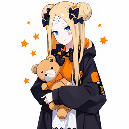 masterpiece, high quality,
1girl, abigail williams (fate), teddy bear, black bow, stuffed animal, bow, stuffed toy, blonde hair, hair bun, polka dot bow, blue eyes, orange bow, abigail williams (traveling outfit) (fate), solo, parted bangs, bangs, hair bow, black jacket, official alternate costume, jacket, high collar, looking at viewer, polka dot, long sleeves, double bun, long hair, multiple hair bows, holding stuffed toy, bandaid on forehead, holding, heart, sleeves past wrists,  bandaid on face, forehead, star (symbol), crossed bandaids
 <lora:LAM(4):0.6>