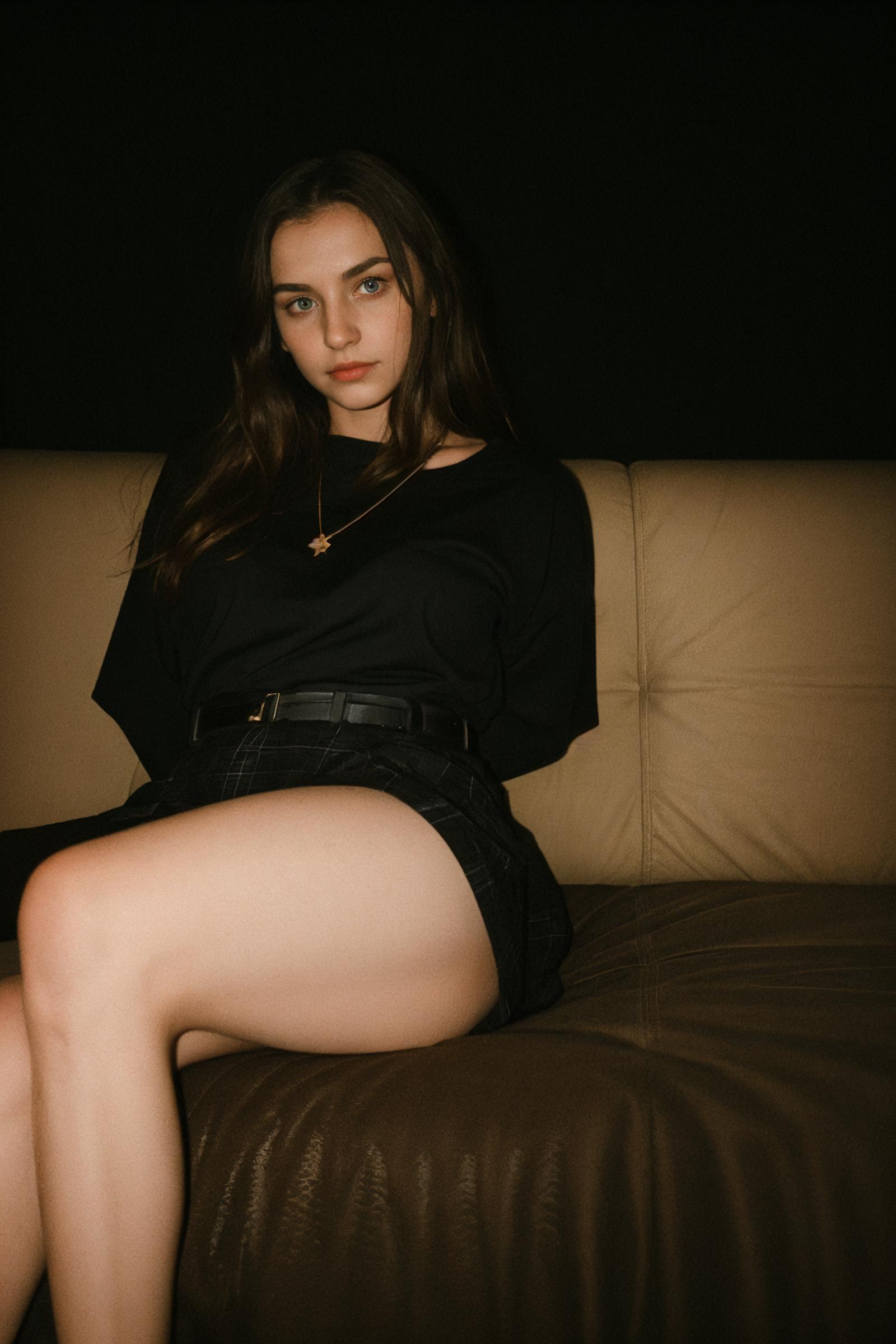 A woman wearing a black shirt and black shorts sitting on a couch.