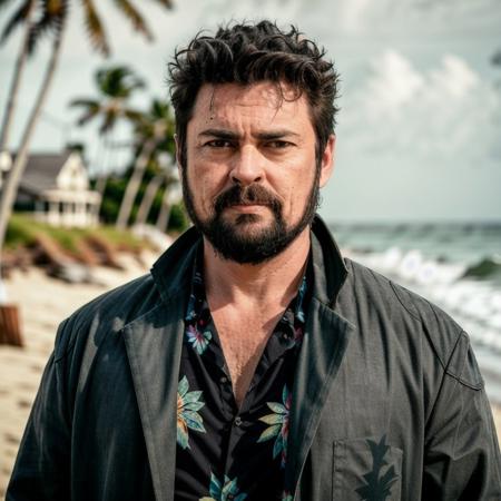 photo of a (butcher),  serious look ,wearing a hawaiian shirt, looking at camera, standing at (beach), portrait photo, (sharp focus on face:1.1)
 <lyco:ButcherDogu:0.96>