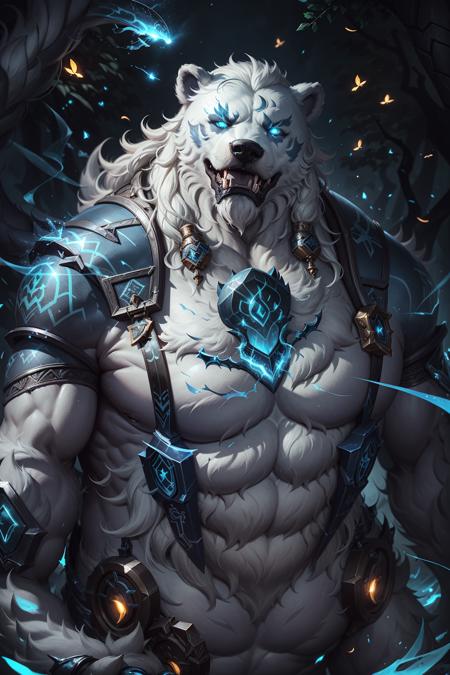 (masterpiece, 4k ,ultra detailed:1.2),(fantasy:1.2),illustration,(realistic:1),(photorealistic:1),
(Volibear, the champion from League of Legends:1.6),
(white hair,very long fur:1.6),(roaring with open mouth:1.3),(white bear with blue eyes and a glowing light on its face:1.4),
(musculous body,blue rays coming out of eyes,rays surrounding around,giant bear:1.3),
(forest, night, lighted mushrooms, fireflies:1.2),
<lora:volibearV1:0.8>,
<lora:LowRa:0.55>,
<lora:epiNoiseoffset_v2:0.15>