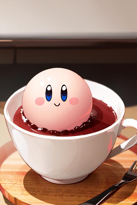 Highly detailed, High Quality, Masterpiece, Kirby, <lora:Kirby:0.9>, food, simple background, cup, blurry background, indoors, <lora:Pos_AcrossTable:1>