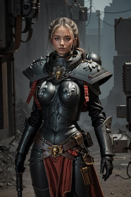 <lora:Wolvie_andr3ada1mauva11sFULL_v1:1> andr3ada1mauva11s, woman, solo, thin body, ((Masterpiece, best quality,edgQuality)), edgAdepta, gauntlets, spikes, wearing edgAdepta, power armor, shoulder armor, skull emblem <lora:edgWar40KAdeptaSororitas:1>, looking at viewer, wielding a bolt pistol