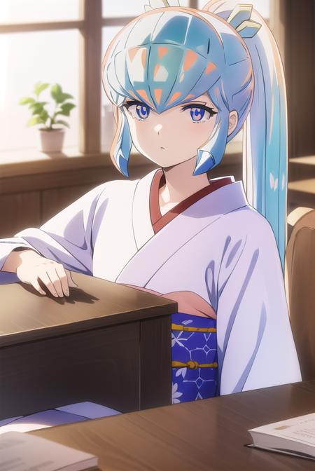 uruseiyatsuraoyuki, <lora:urusei yatsura oyuki s1-lora-nochekaiser:1>,
oyuki, long hair, blue eyes, blue hair, ponytail,
BREAK japanese clothes, kimono, sash, white kimono, obi,
BREAK indoors, classroom,
BREAK looking at viewer, (cowboy shot:1.5),
BREAK <lyco:GoodHands-beta2:1>, (masterpiece:1.2), best quality, high resolution, unity 8k wallpaper, (illustration:0.8), (beautiful detailed eyes:1.6), extremely detailed face, perfect lighting, extremely detailed CG, (perfect hands, perfect anatomy),