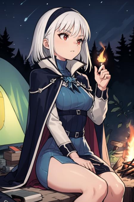 <lora:blancneigetag-000064:1> stbn, hairband, red eyes, 
short hair, stcape, turtleneck, blue dress,
1girl, solo, sitting, camping, camping chair, campfire, tent, night, night sky, forest