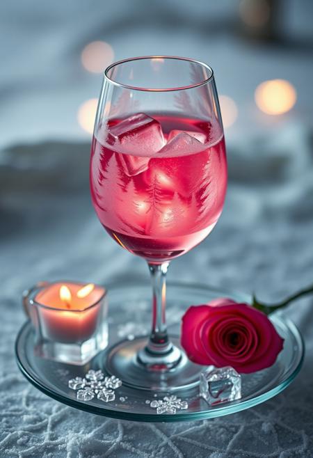 "Create a hyper-realistic image of a delicate wine glass, its surface etched with a frosty forest treeline, as if the glass itself has been transformed into a winter wonderland. The glass is filled with a glowing pink liquid and ice cubes that seem to glow from within. The glass is placed on a frosty glass plate, adorned with delicate ice shavings that resemble snowflakes. A lit ice cube candle and a fresh pink rose are positioned beside the glass, casting a warm, soft glow. The overall effect is one of serene, winter wonderland tranquility." Octane render, Highest-Quality, 8 k, intricate details, visually stunning, Masterpiece