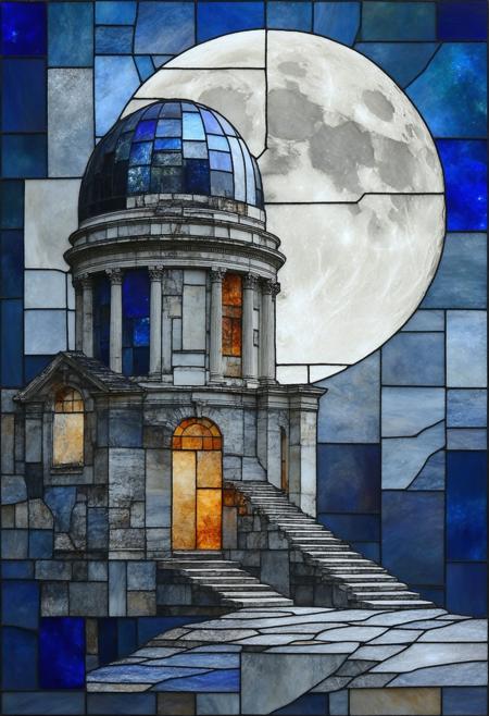 Construct a photorealistic depiction of a dilapidated observatory, rendered in a fractured Cubist style. The observatory's dome and telescope are deconstructed into shards of stained glass, each piece displaying a slightly different perspective and reflecting moonlight. The color palette is a stark contrast of deep indigo, burnt ochre, and polished silver, with sharp, overlapping lines and fragmented forms. Incorporate subtle gradients within each glass shard to mimic refracted light, blurring the line between abstract geometry and tangible reality. The overall composition should evoke a sense of lost knowledge and cosmic wonder.